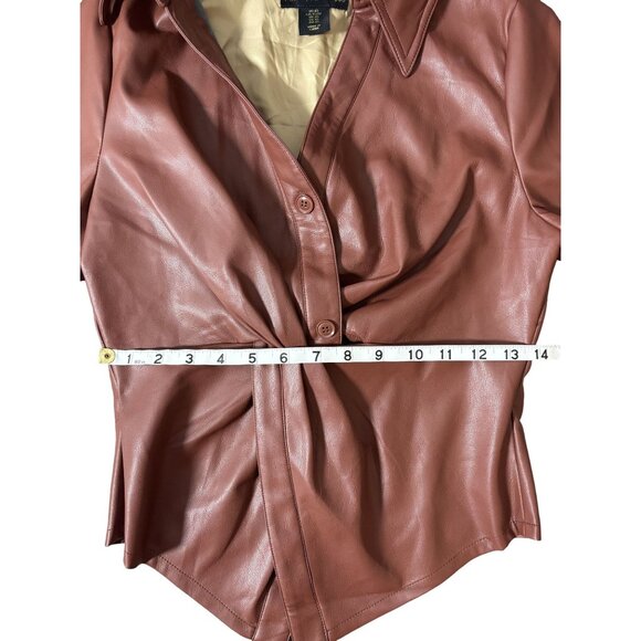 House Of Harlow 1960 Vegan Leather Short-Sleeve Button-Up Shirt - Rust Brown XS - Picture 5 of 6